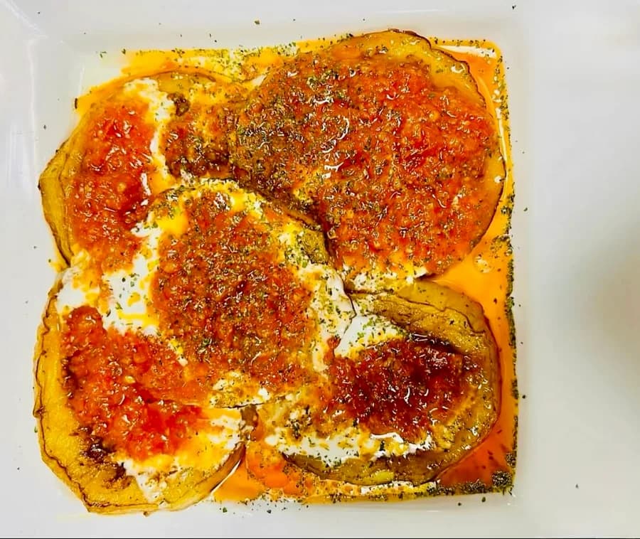 Burani — fried eggplant with garlic yogurt and dried mint